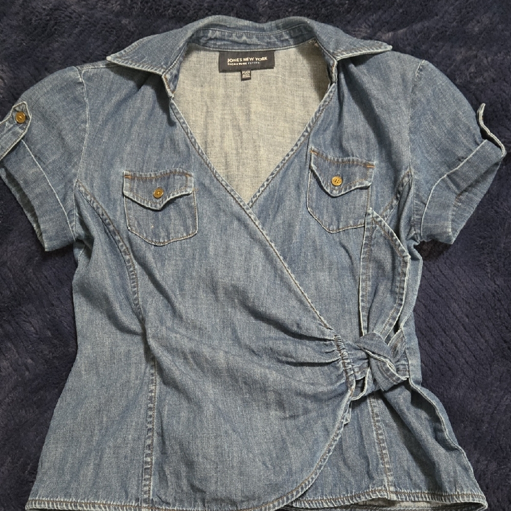 Jones New York Denim Short Sleeve Wrap Blouse